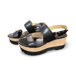 NEW Michael Kors Marlo Black Leather Platform Wedge Sandals 7 1/2 Lug Sole